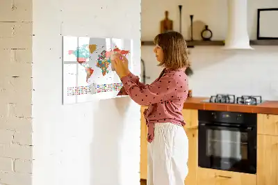 Pizarra de cristal borrable con imanes diseño de mapa del mundo colorido