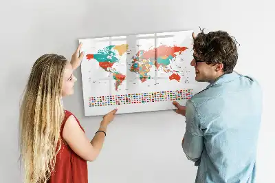 Pizarra de cristal borrable con imanes diseño de mapa del mundo colorido