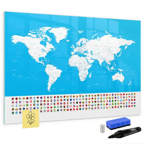 Pizarra magnética de pared con rotulador y diseño de mapa con contornos de países
