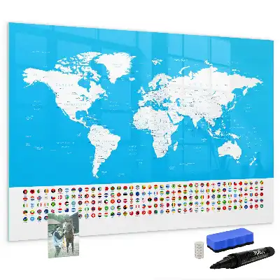 Pizarra magnética de pared con rotulador y diseño de mapa con contornos de países