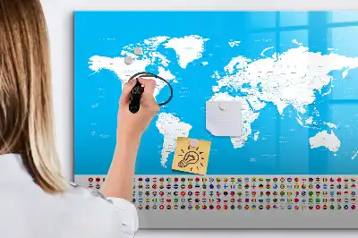 Pizarra magnética de pared con rotulador y diseño de mapa con contornos de países