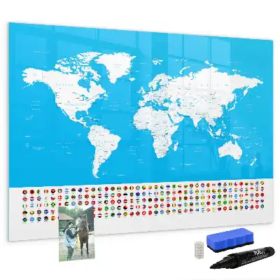 Pizarra magnética de pared con rotulador y diseño de mapa con contornos de países