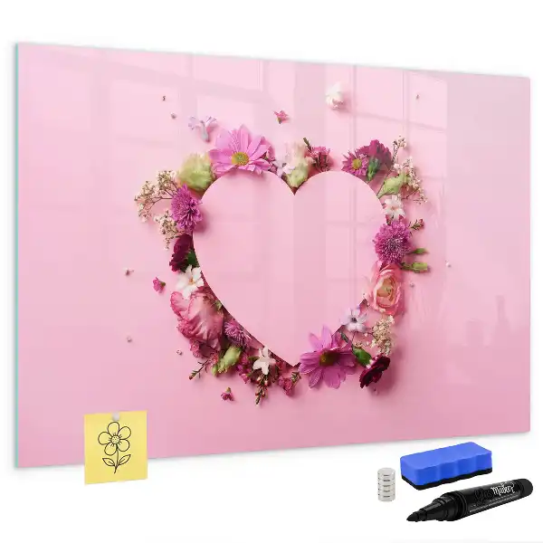 Pizarra de cristal magnética borrable diseño de corazón de flores