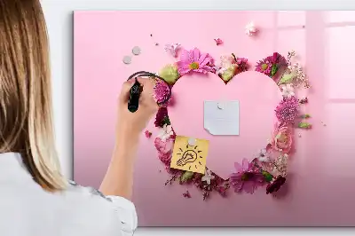 Pizarra de cristal magnética borrable diseño de corazón de flores