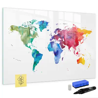 Mapa del mundo en acuarela con pizarra magnética de pared y rotulador