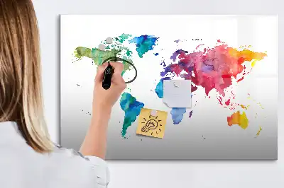 Mapa del mundo en acuarela con pizarra magnética de pared y rotulador