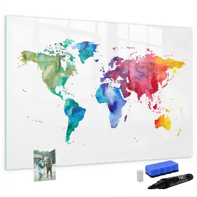 Mapa del mundo en acuarela con pizarra magnética de pared y rotulador