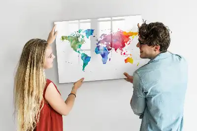 Mapa del mundo en acuarela con pizarra magnética de pared y rotulador