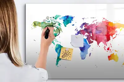 Mapa del mundo en acuarela con pizarra magnética de pared y rotulador