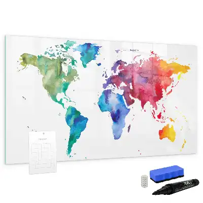 Mapa del mundo en acuarela con pizarra magnética de pared y rotulador
