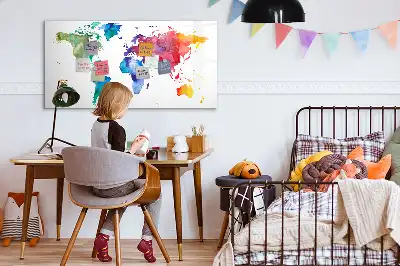 Mapa del mundo en acuarela con pizarra magnética de pared y rotulador