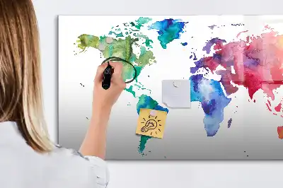 Mapa del mundo en acuarela con pizarra magnética de pared y rotulador