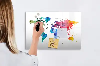 Mapa del mundo en acuarela con pizarra magnética de pared y rotulador