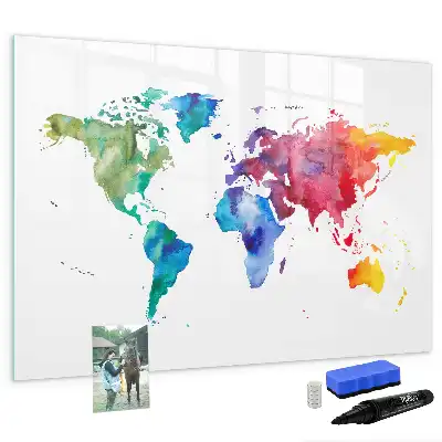 Mapa del mundo en acuarela con pizarra magnética de pared y rotulador