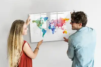 Mapa del mundo en acuarela con pizarra magnética de pared y rotulador