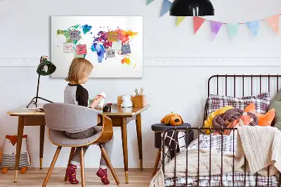 Mapa del mundo en acuarela con pizarra magnética de pared y rotulador