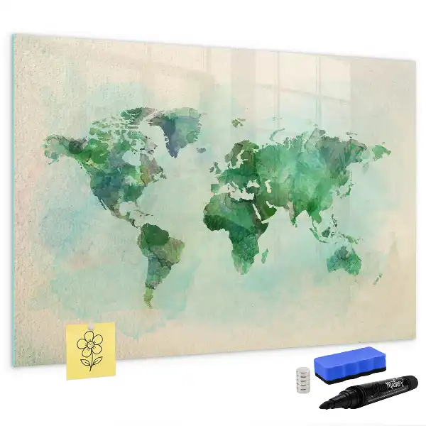 Mapa del mundo en acuarela pizarra magnética de pared con rotulador