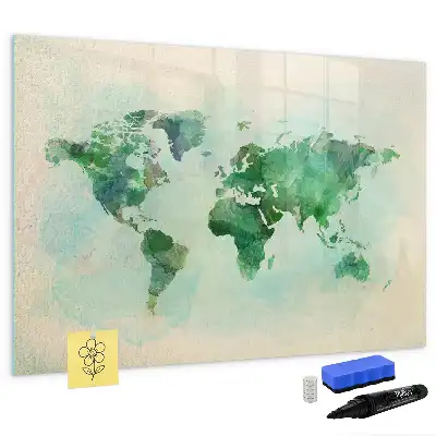 Mapa del mundo en acuarela pizarra magnética de pared con rotulador