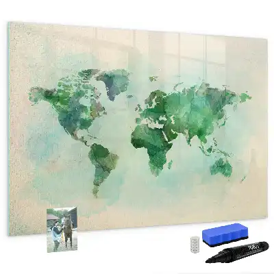 Mapa del mundo en acuarela pizarra magnética de pared con rotulador