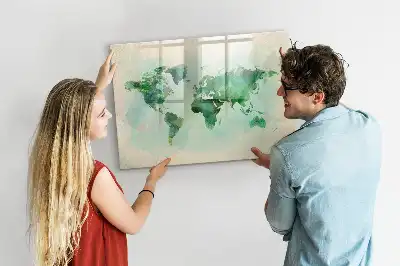 Mapa del mundo en acuarela pizarra magnética de pared con rotulador