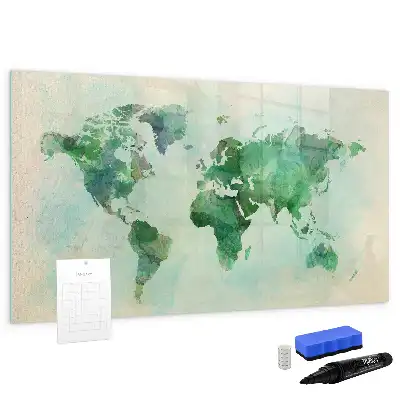 Mapa del mundo en acuarela pizarra magnética de pared con rotulador