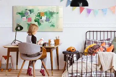 Mapa del mundo en acuarela pizarra magnética de pared con rotulador