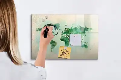 Mapa del mundo en acuarela pizarra magnética de pared con rotulador