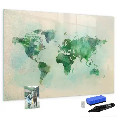 Mapa del mundo en acuarela pizarra magnética de pared con rotulador