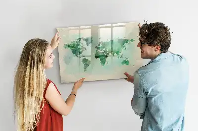 Mapa del mundo en acuarela pizarra magnética de pared con rotulador