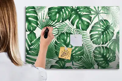 Pizarra de cristal magnética borrable con diseño de hojas de monstera