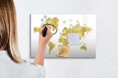Mapa del mundo magnético de pared en color dorado con rotulador