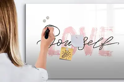Pizarra de cristal magnética borrable con diseño de texto Amate a ti mismo