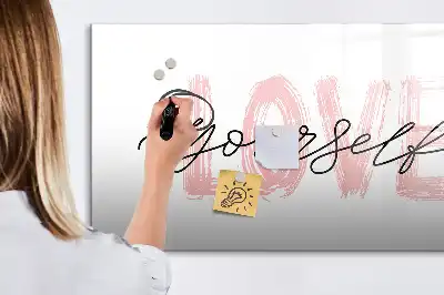 Pizarra de cristal magnética borrable con diseño de texto Amate a ti mismo