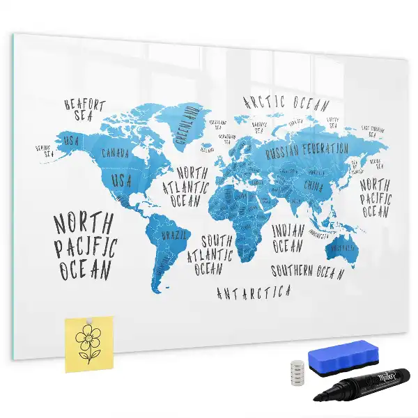 Pizarra de cristal magnética borrable diseño de mapa de la Tierra en color azul