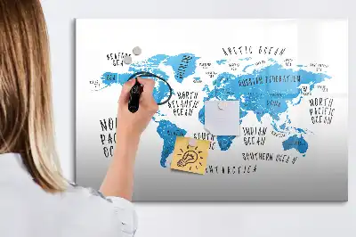 Pizarra de cristal magnética borrable diseño de mapa de la Tierra en color azul