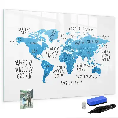 Pizarra de cristal magnética borrable diseño de mapa de la Tierra en color azul