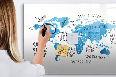 Pizarra de cristal magnética borrable diseño de mapa de la Tierra en color azul