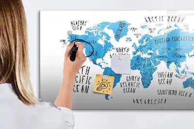 Pizarra de cristal magnética borrable diseño de mapa de la Tierra en color azul