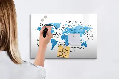 Pizarra de cristal magnética borrable diseño de mapa de la Tierra en color azul
