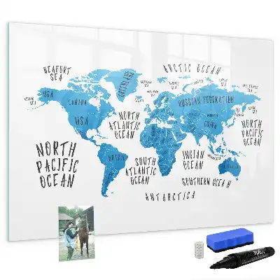 Pizarra de cristal magnética borrable diseño de mapa de la Tierra en color azul