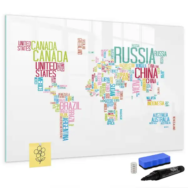 Pizarra de cristal borrable con imanes mapa con nombres de países