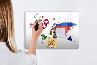 Pizarra magnética de pared con rotulador con diseño de mapa de banderas nacionales