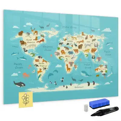 Mapa del mundo con animales pizarra magnética de pared con rotulador