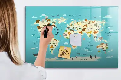 Mapa del mundo con animales pizarra magnética de pared con rotulador