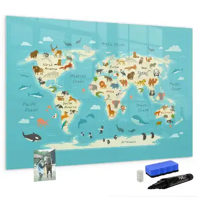 Mapa del mundo con animales pizarra magnética de pared con rotulador