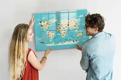 Mapa del mundo con animales pizarra magnética de pared con rotulador