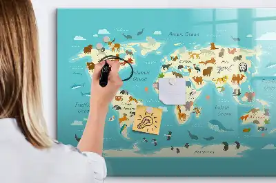 Mapa del mundo con animales pizarra magnética de pared con rotulador