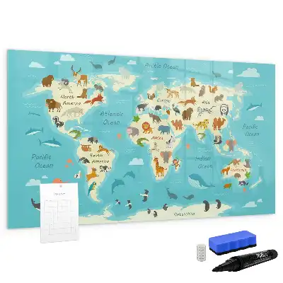 Mapa del mundo con animales pizarra magnética de pared con rotulador