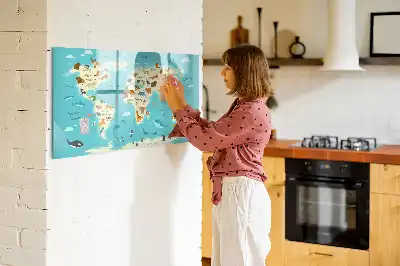 Mapa del mundo con animales pizarra magnética de pared con rotulador