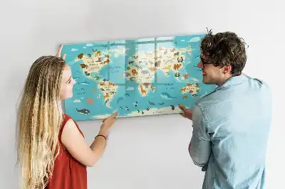 Mapa del mundo con animales pizarra magnética de pared con rotulador